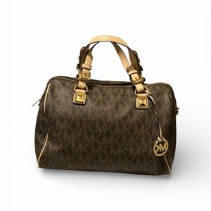 Michael Kors Brown/Beige Signature Coated Canvas and Leather Grayson Boston Bag